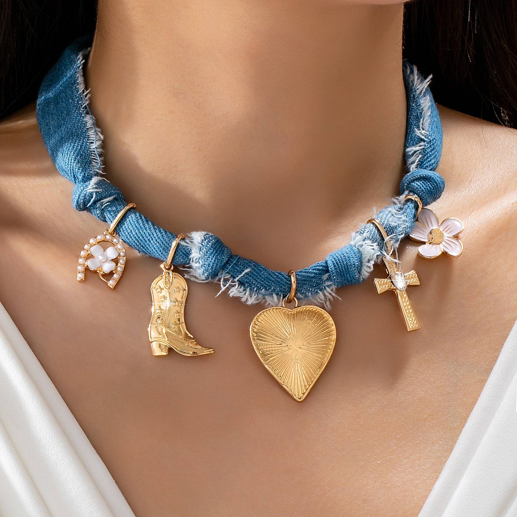Western Denim Cowboy Boot &amp; Cross Charm Necklace | 80N92859: Gold JOSSLYN by wall to wall 