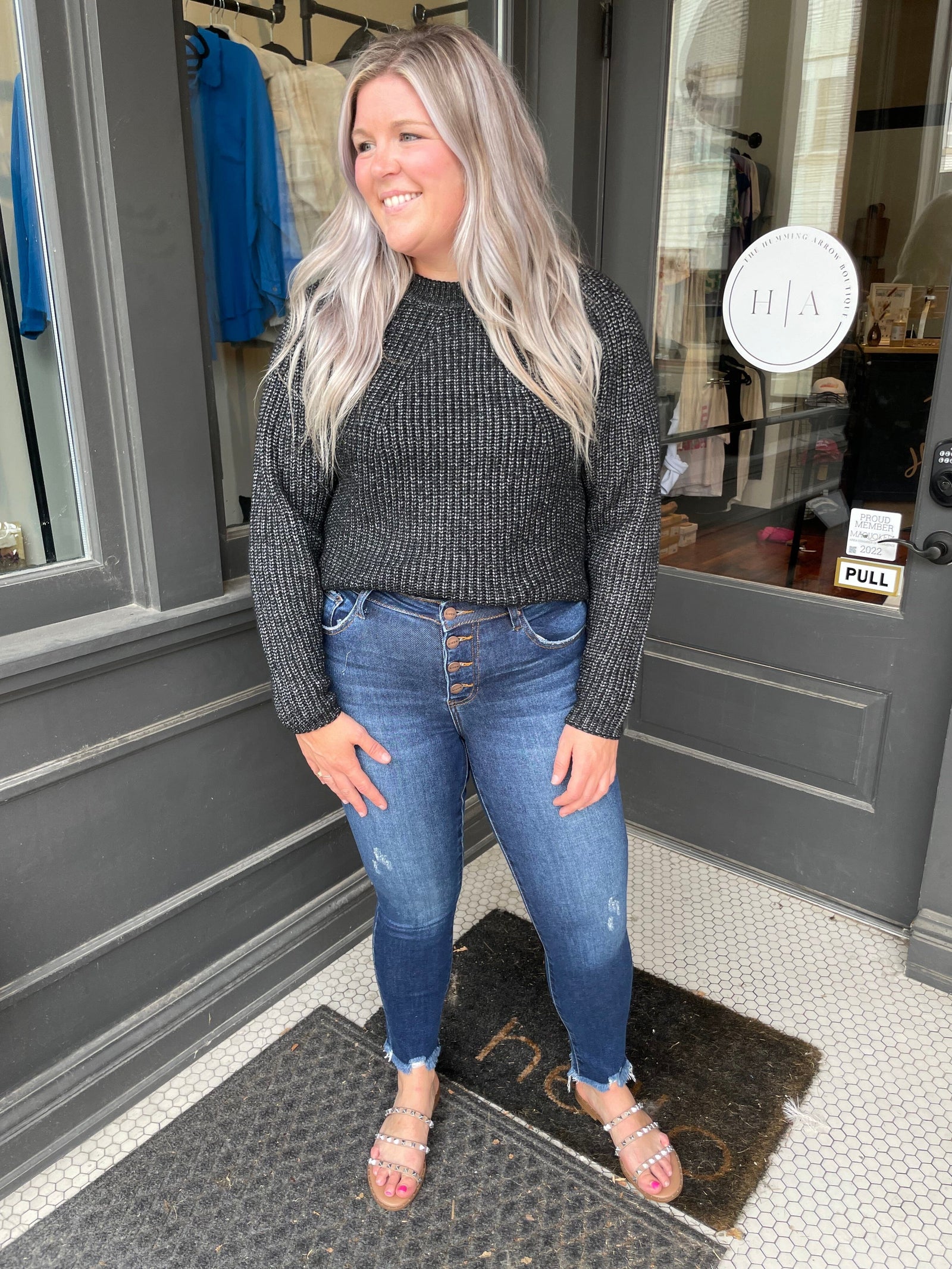 Heather Black Melange Knit Sweater Long sleeve Zenana 