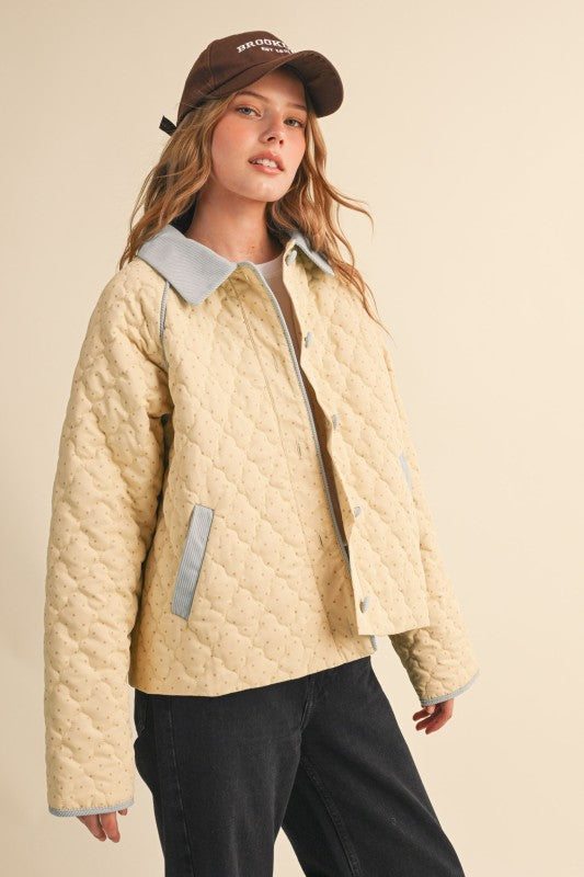 Butter Yellow and Light Blue Polka Dot Corduroy Trim Quilted Jacket