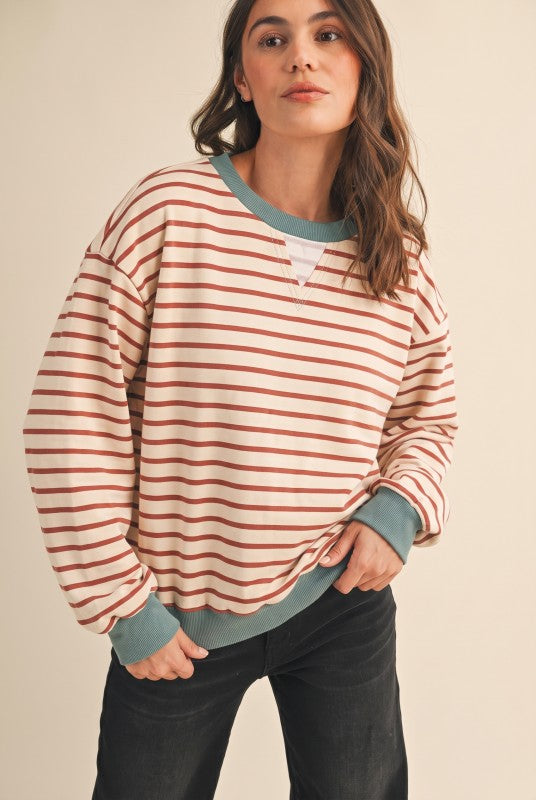 Brick and Teal Striped Oversized Crewneck