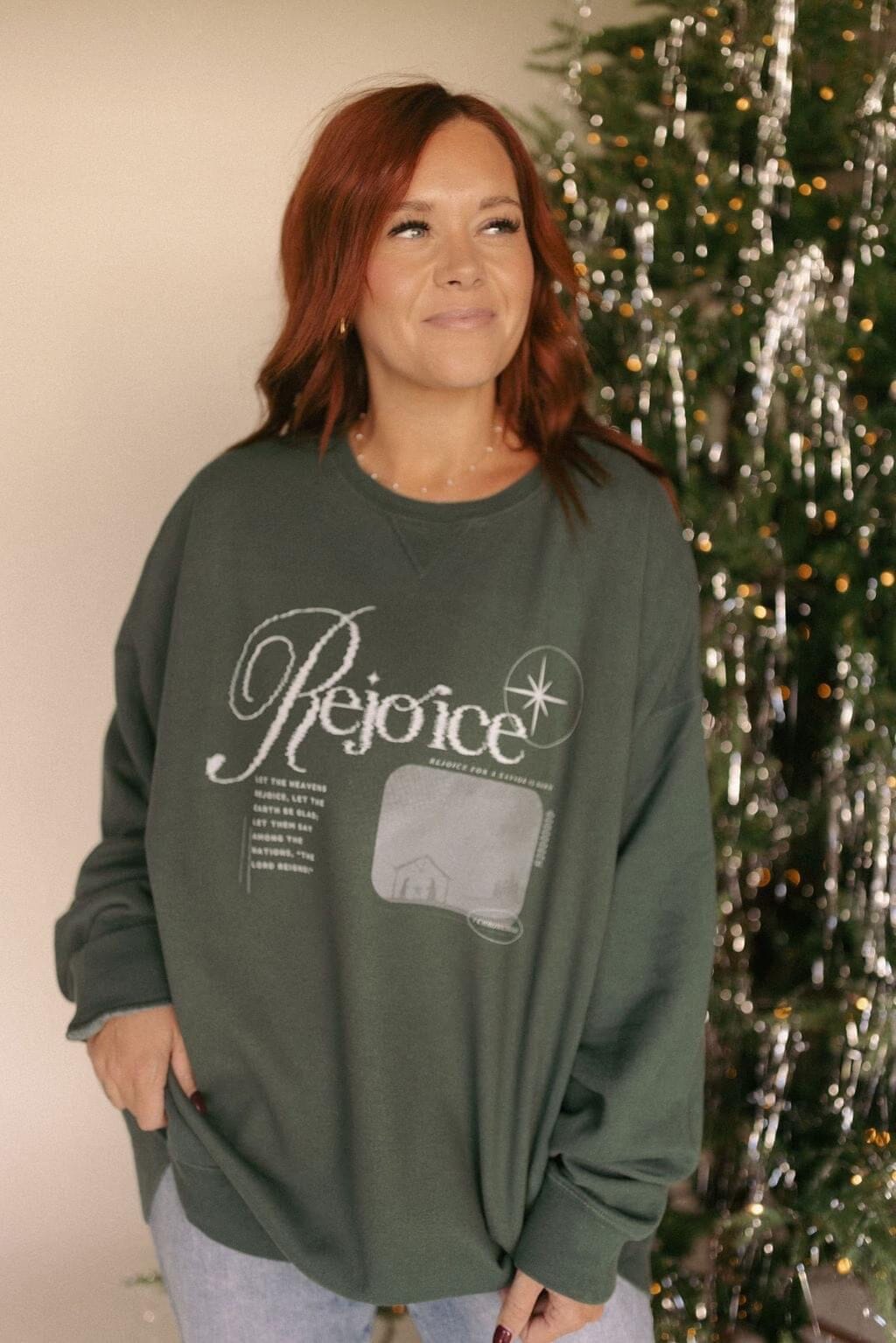 Rejoice Faded Green Crewneck Sweatshirt Long sleeve Chaudoin Creations 