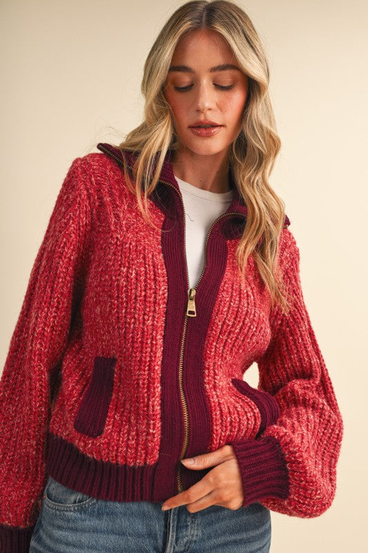 Cherry Red Contrast Hem Knit Jacket