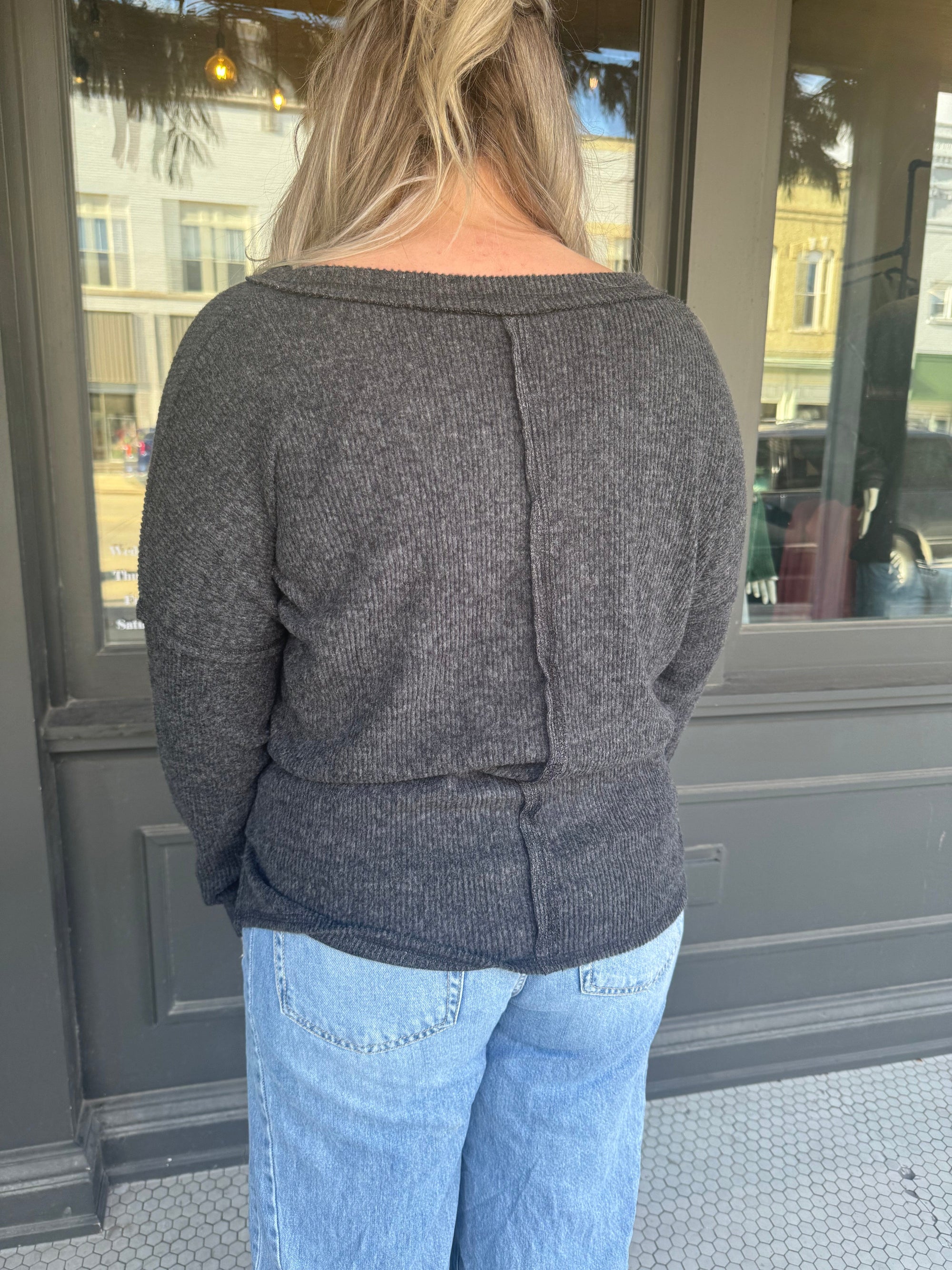 Black Ribbed V Neck Drop Shoulder Top Long sleeve Zenana 
