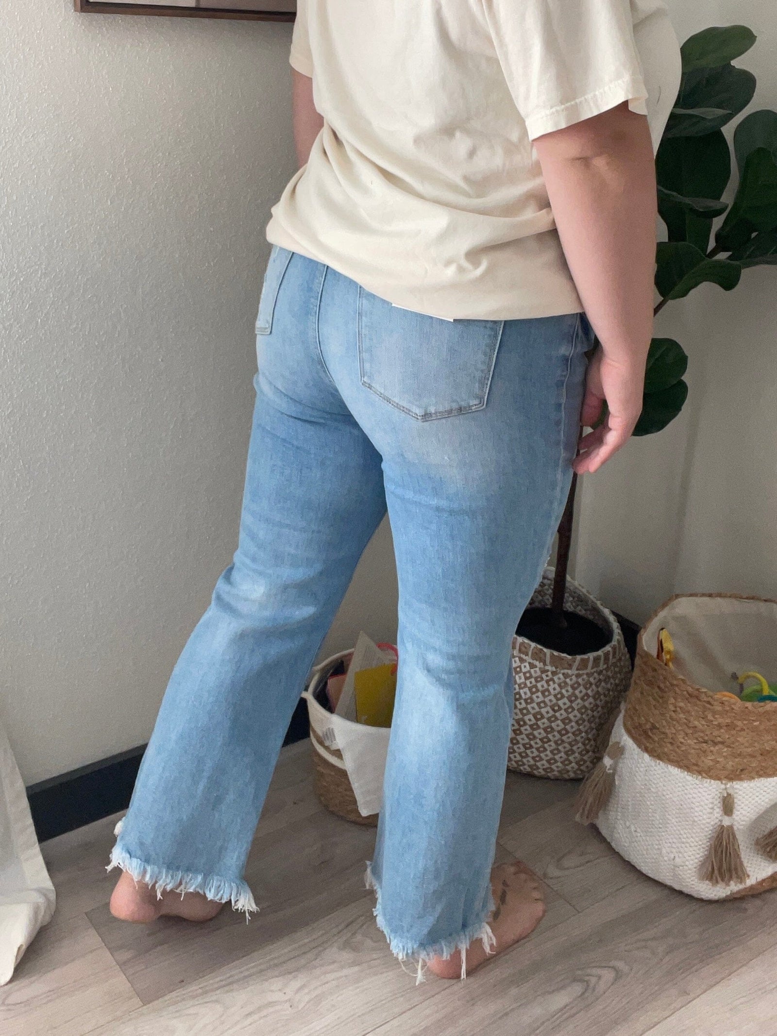 Risen Destroyed Hem Light Wash High Rise Crop Flare Jeans Bottoms Risen 