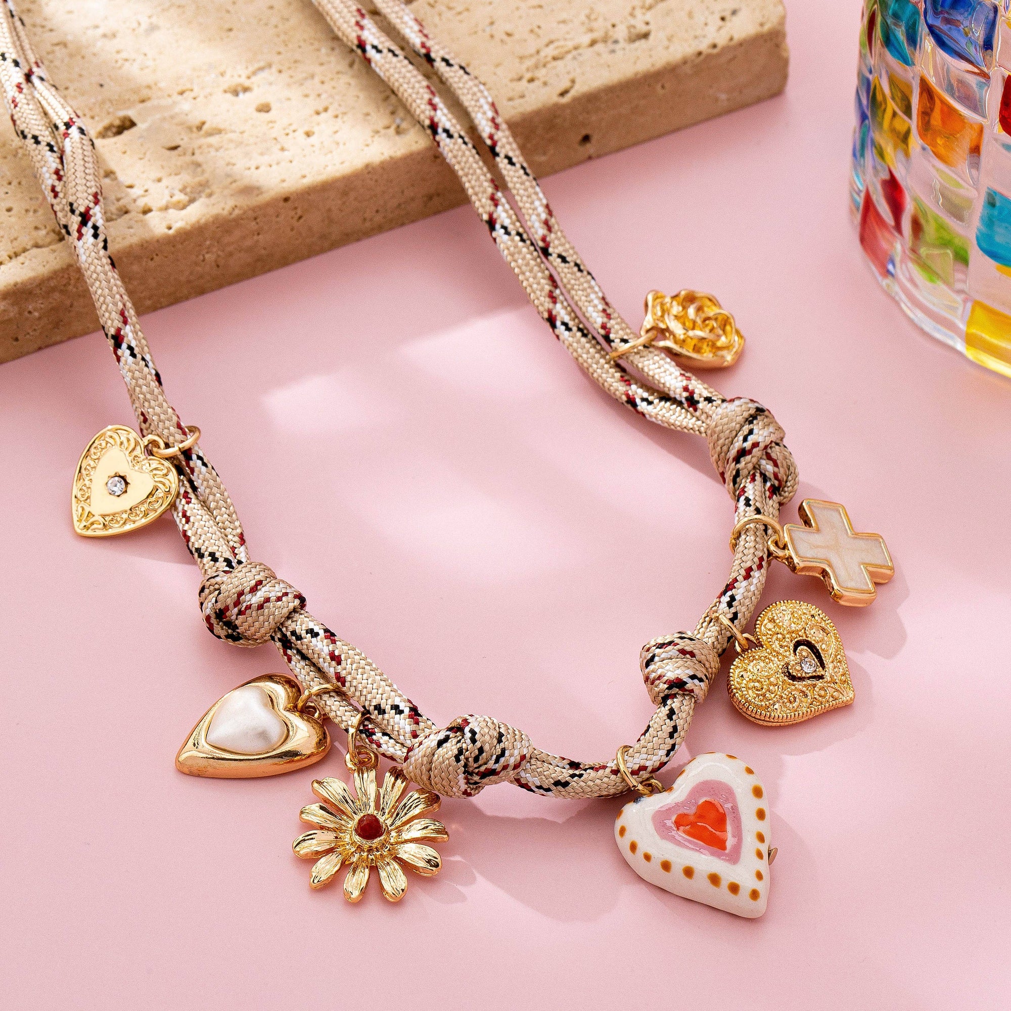 Ivory &amp; Red cord Multi-Charm Boho Necklace | 80N92742: GOLD JOSSLYN by wall to wall 