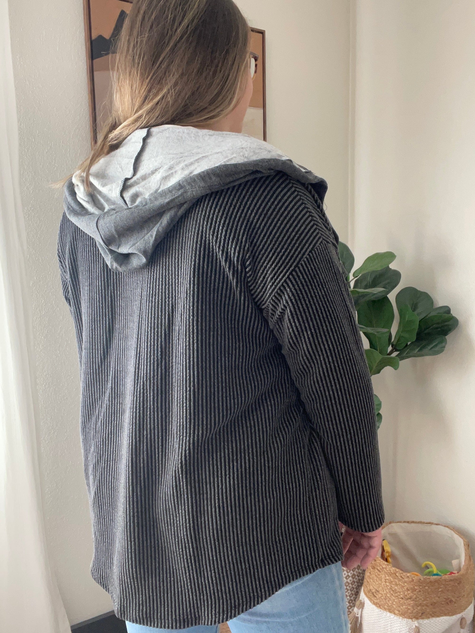 Black Ribbed Button Down Hoodie Shacket Cardigan Reborn J 