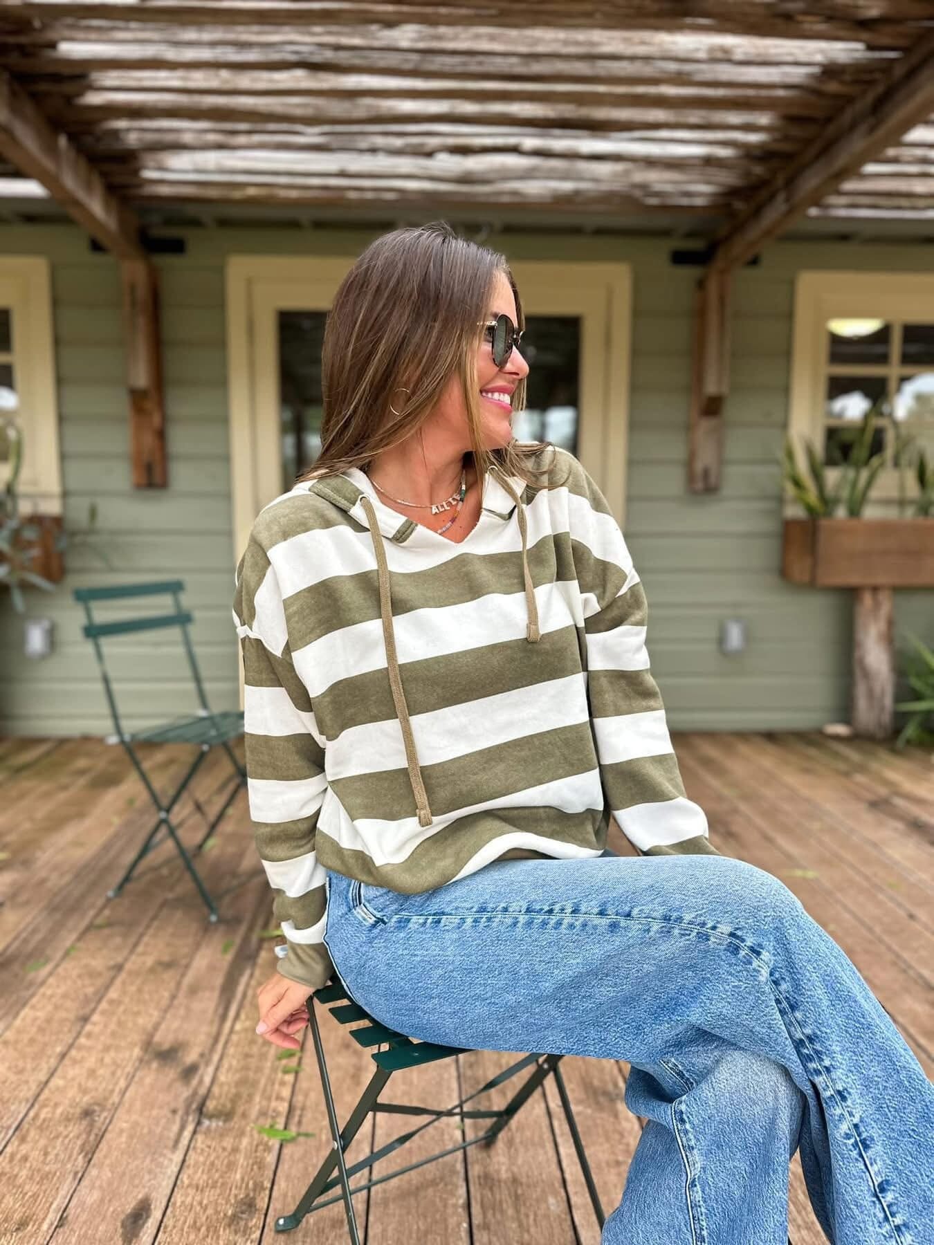 Olive Stripe Boxy Fit Hoodie Long sleeve Oliver and Otis 