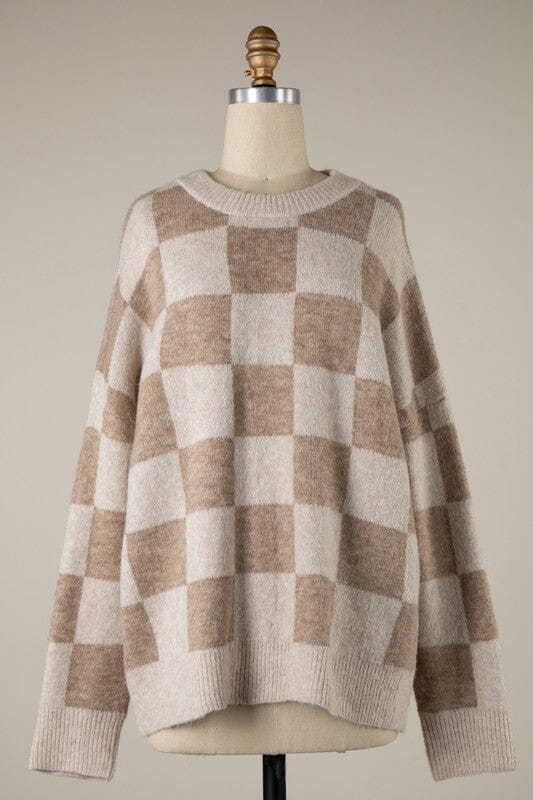 Cream And Beige Checkered Long Sleeve Sweater Long sleeve Miracle 
