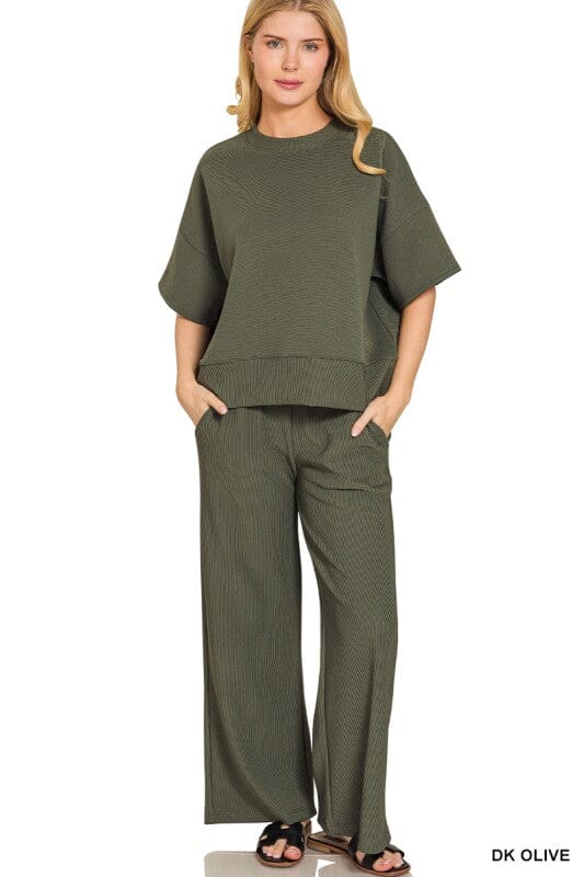 Olive Green Ribbed Matching Lounge Set Short sleeve Zenana 