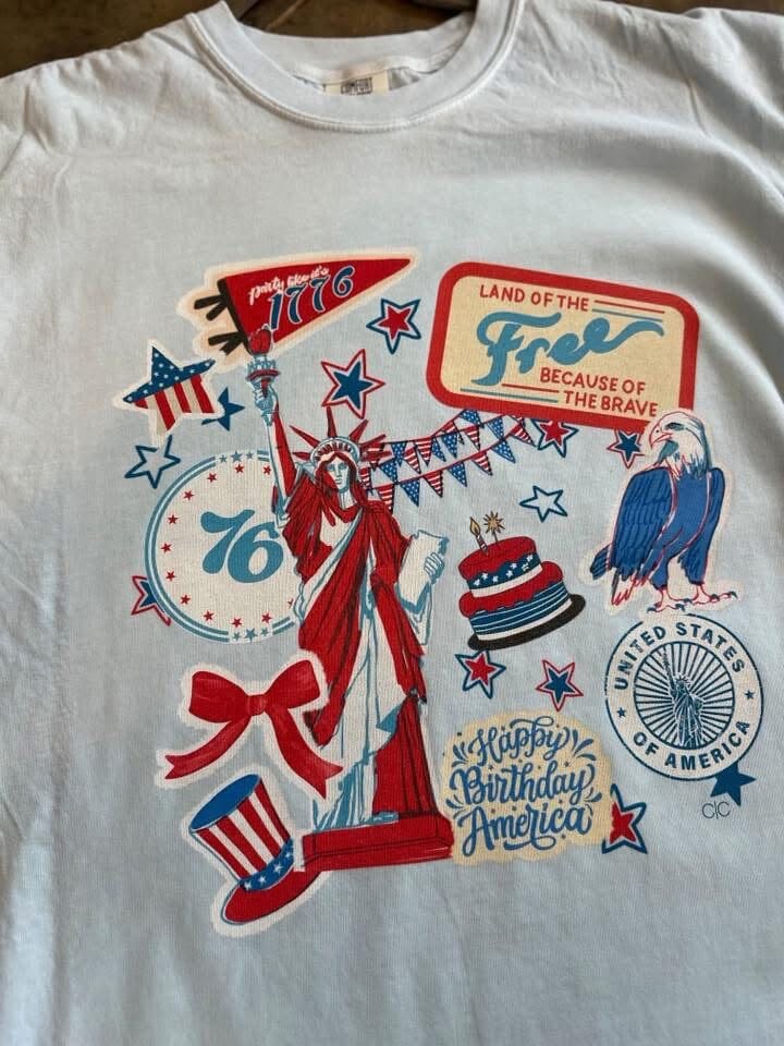 Patriotic Stickers Light Blue Graphic Tee Short sleeve Chaudoin Creations 