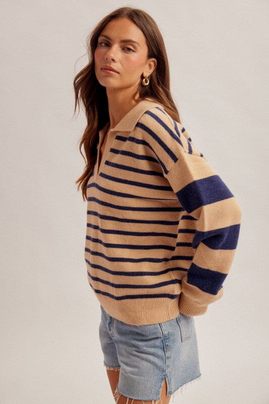 Tan and Navy Blue Stripe Collared V Neck Sweater Long sleeve Hem &amp; Thread 