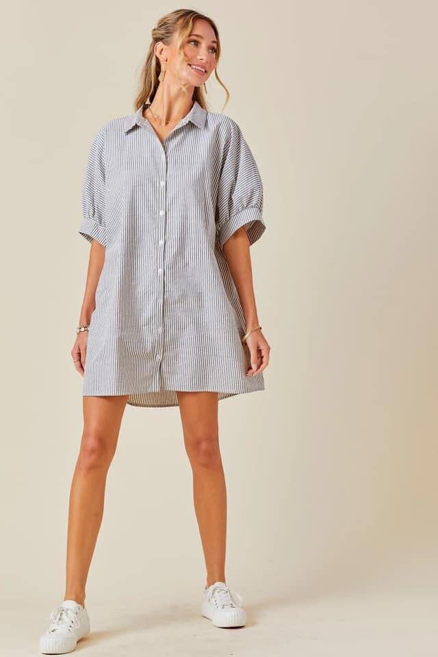 Navy Stripe Button Down Collared Shirt Dress - The Humming Arrow Boutique Navy Stripe Button Down Collared Shirt Dress - The Humming Arrow Boutique