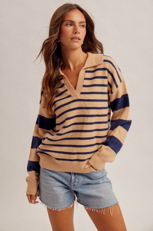 Tan and Navy Blue Stripe Collared V Neck Sweater Long sleeve Hem &amp; Thread 