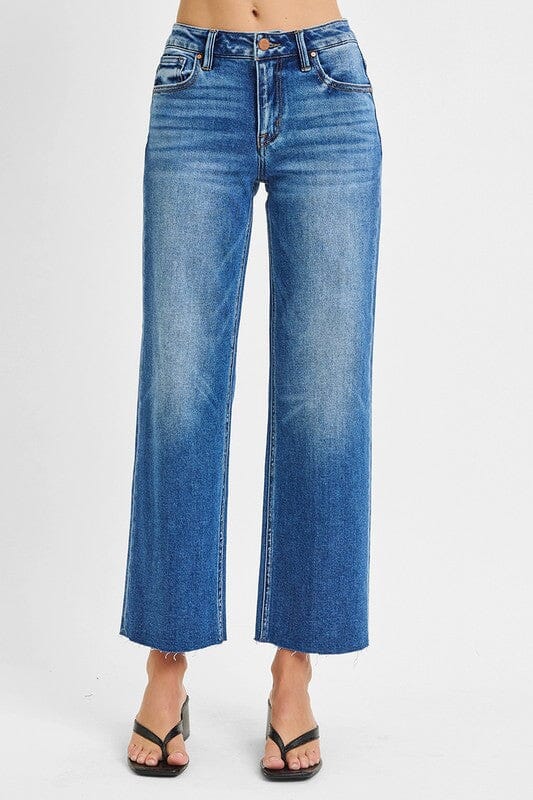 Risen High Rise Tummy Control Medium Wash Cropped Flare Jeans Bottoms Risen 