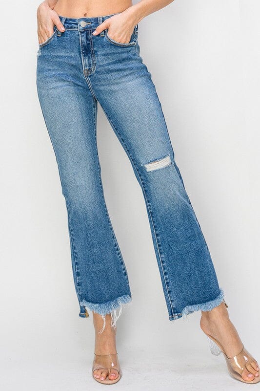 Risen Medium Wash High Rise Crop Flare Step Hem Jeans Bottoms Risen 