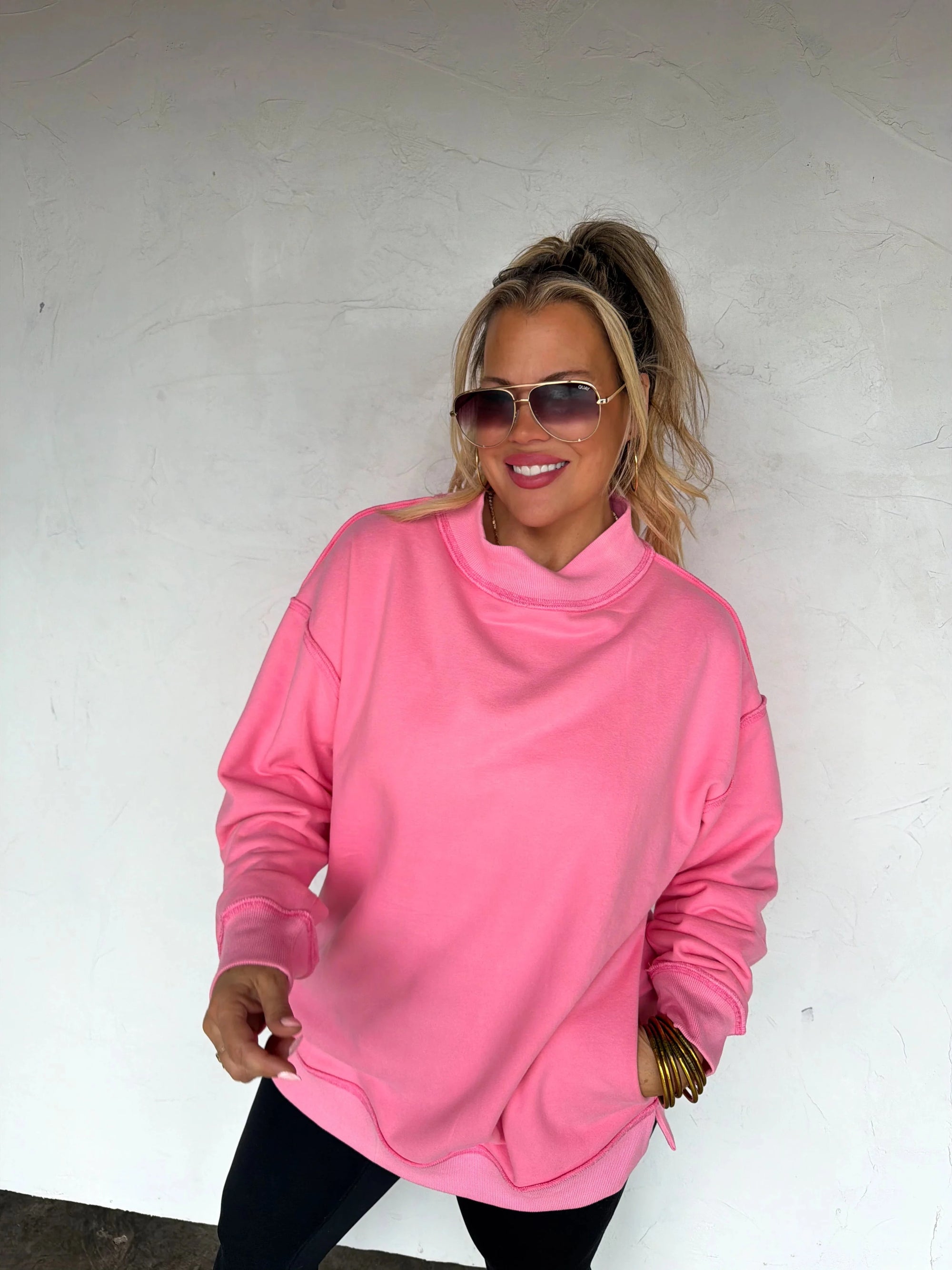 PREORDER | Neon Pink Mock Neck Pocket Sweatshirt Long sleeve Blakely 