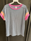 Denim Blue Ribbed Color Block Contrast Short Sleeve Tee up to Plus Short sleeve 7th Ray 