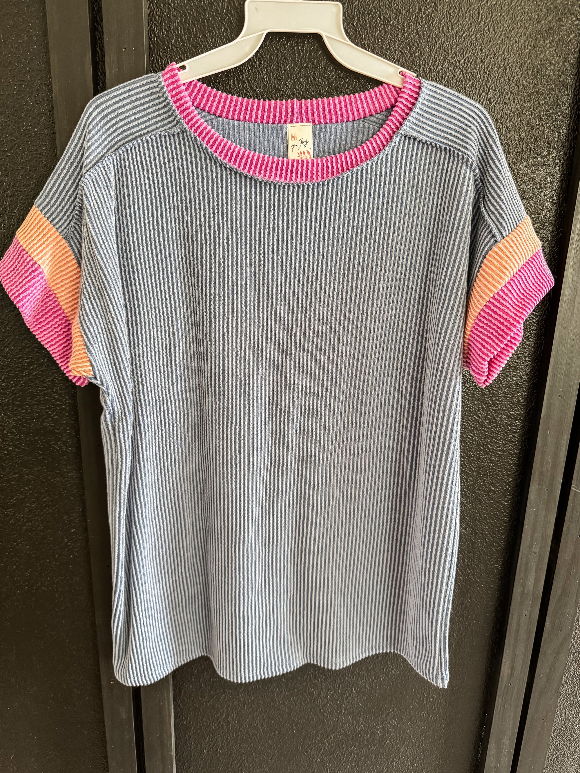 Denim Blue Ribbed Color Block Contrast Short Sleeve Tee up to Plus Short sleeve 7th Ray 