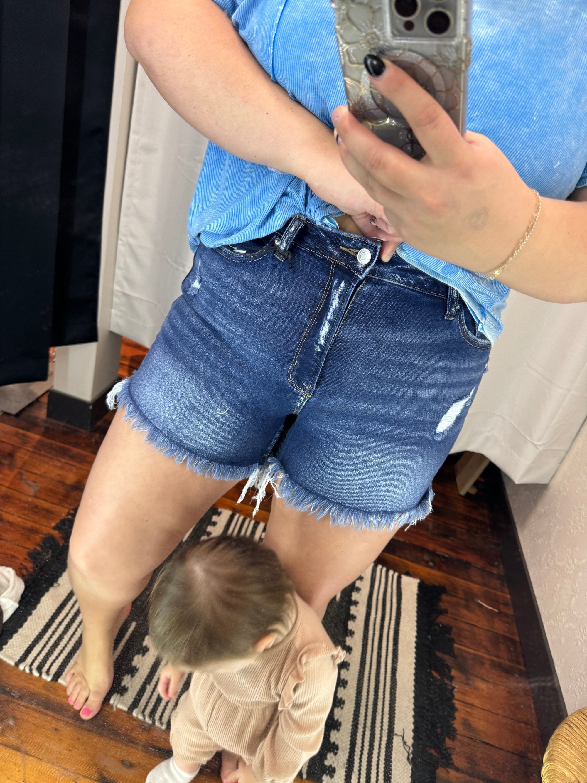 Zenana Dark Wash Raw Hem Denim Shorts Bottoms Zenana 