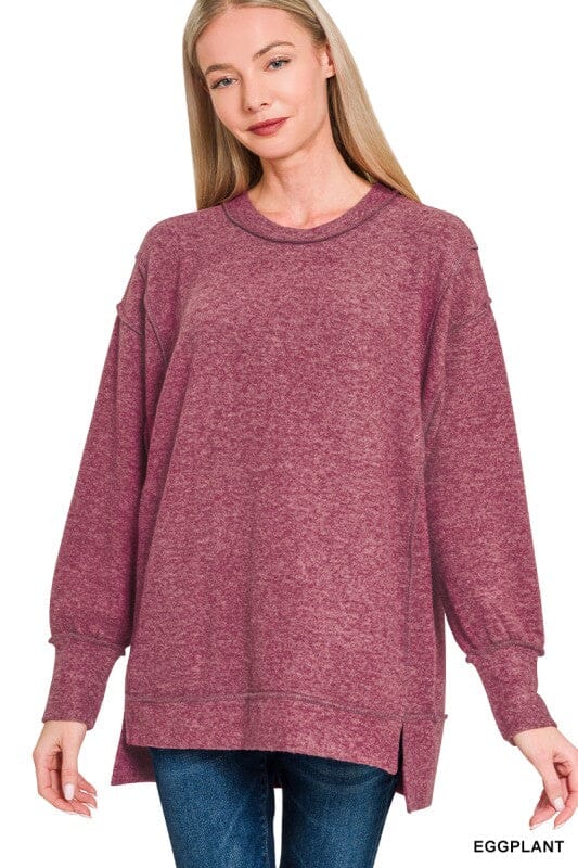 Eggplant Hacci Knit Long Sleeve Top Long sleeve Zenana 