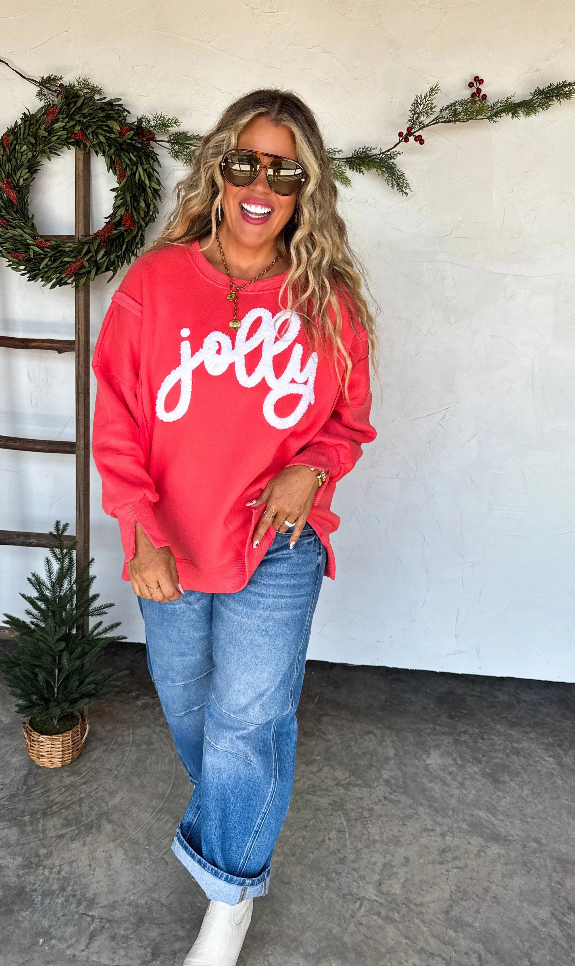 Jolly Red Oversized Side Slit Crewneck Sweatshirt Long sleeve Blakely 