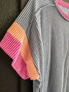 Denim Blue Ribbed Color Block Contrast Short Sleeve Tee up to Plus Short sleeve 7th Ray 