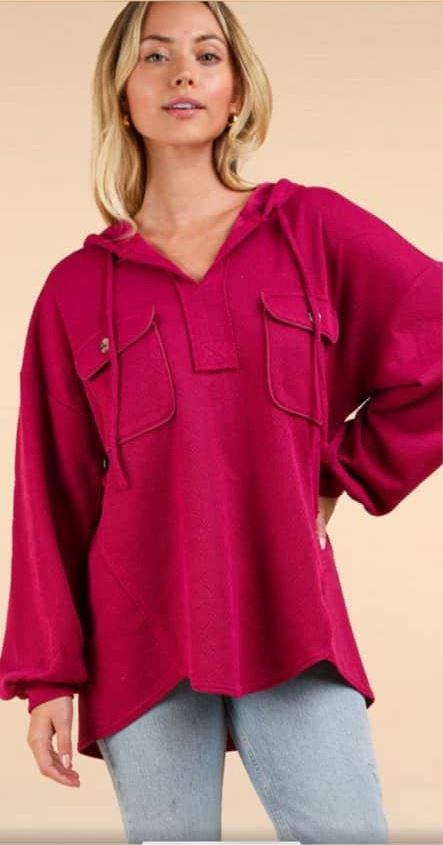 Magenta Texture Knit Hooded Long Sleeve Top Long sleeve The Humming Arrow Boutique 