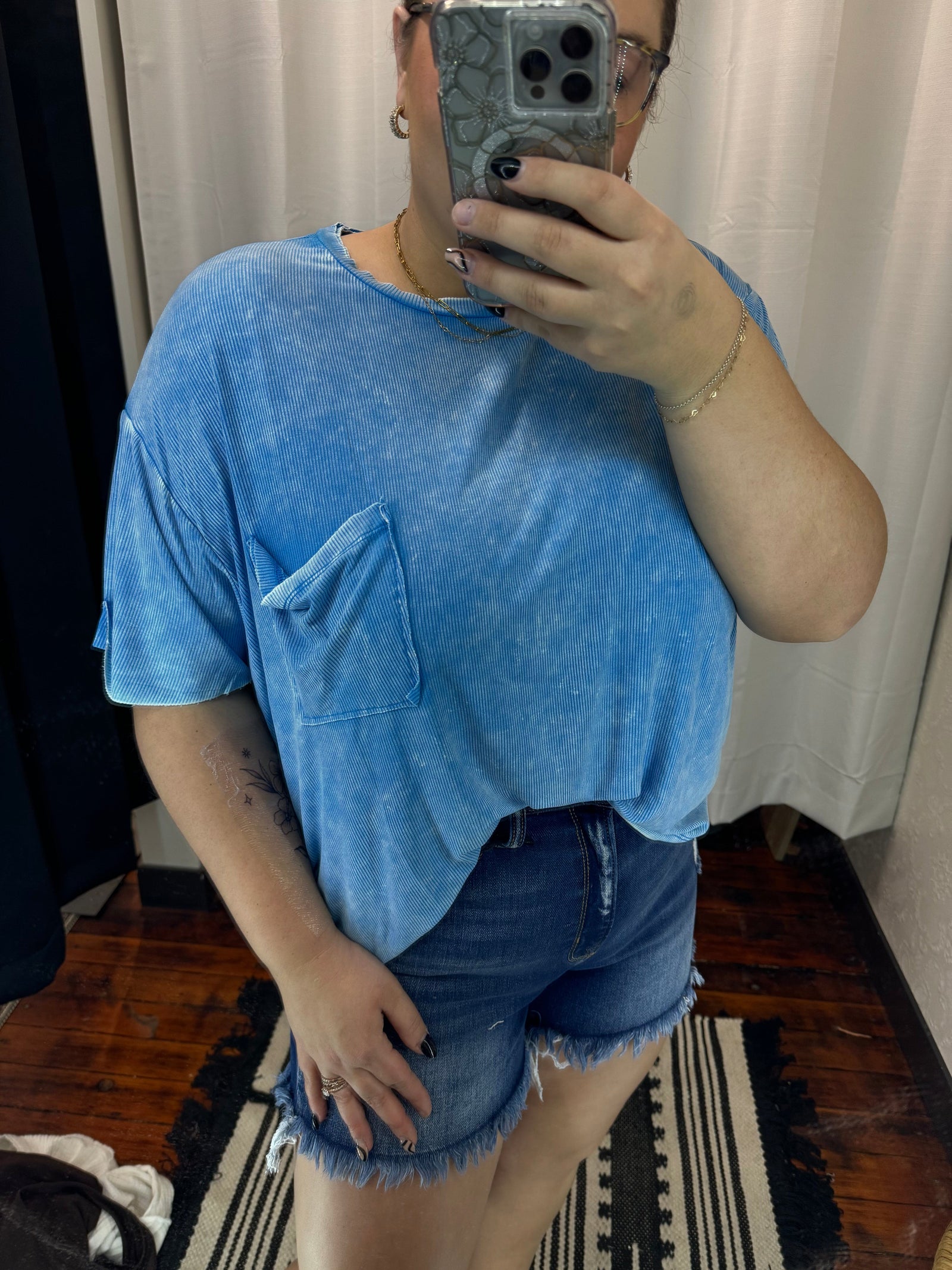 Deep Sky Acid Wash Ribbed Oversized Pocket Tee Summer Tanks Zenana 
