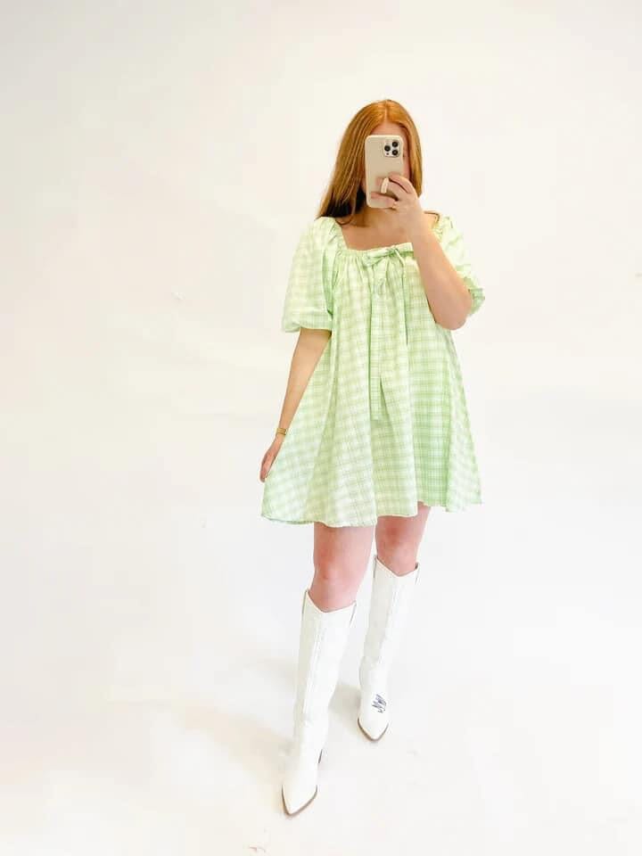 Lime Green Gingham Plaid Square Neck Mini Dress - The Humming Arrow Boutique Lime Green Gingham Plaid Square Neck Mini Dress - The Humming Arrow Boutique
