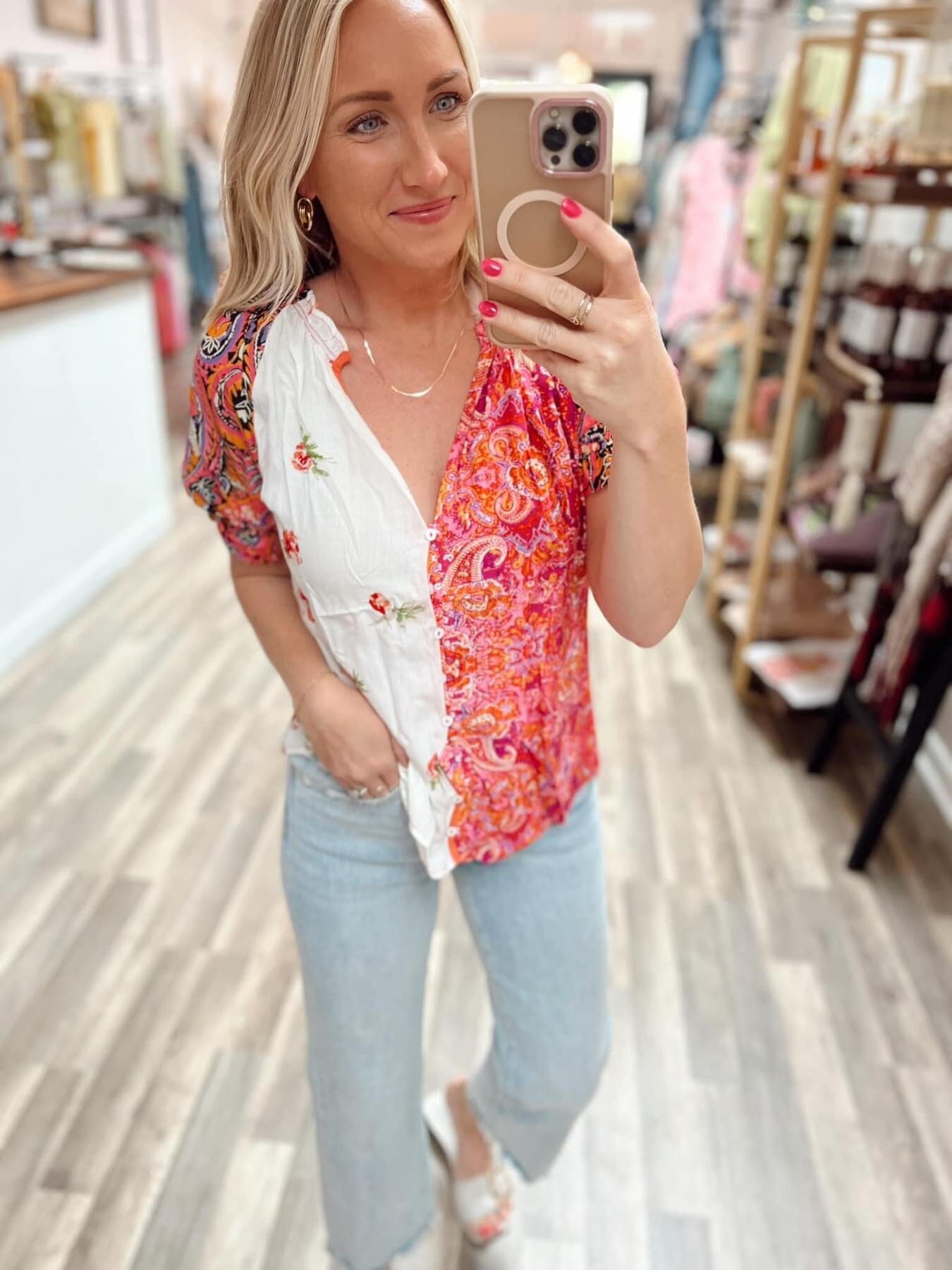 Pink Floral Mixed Media Short Sleeve Blouse Short sleeve Grace & Rose 
