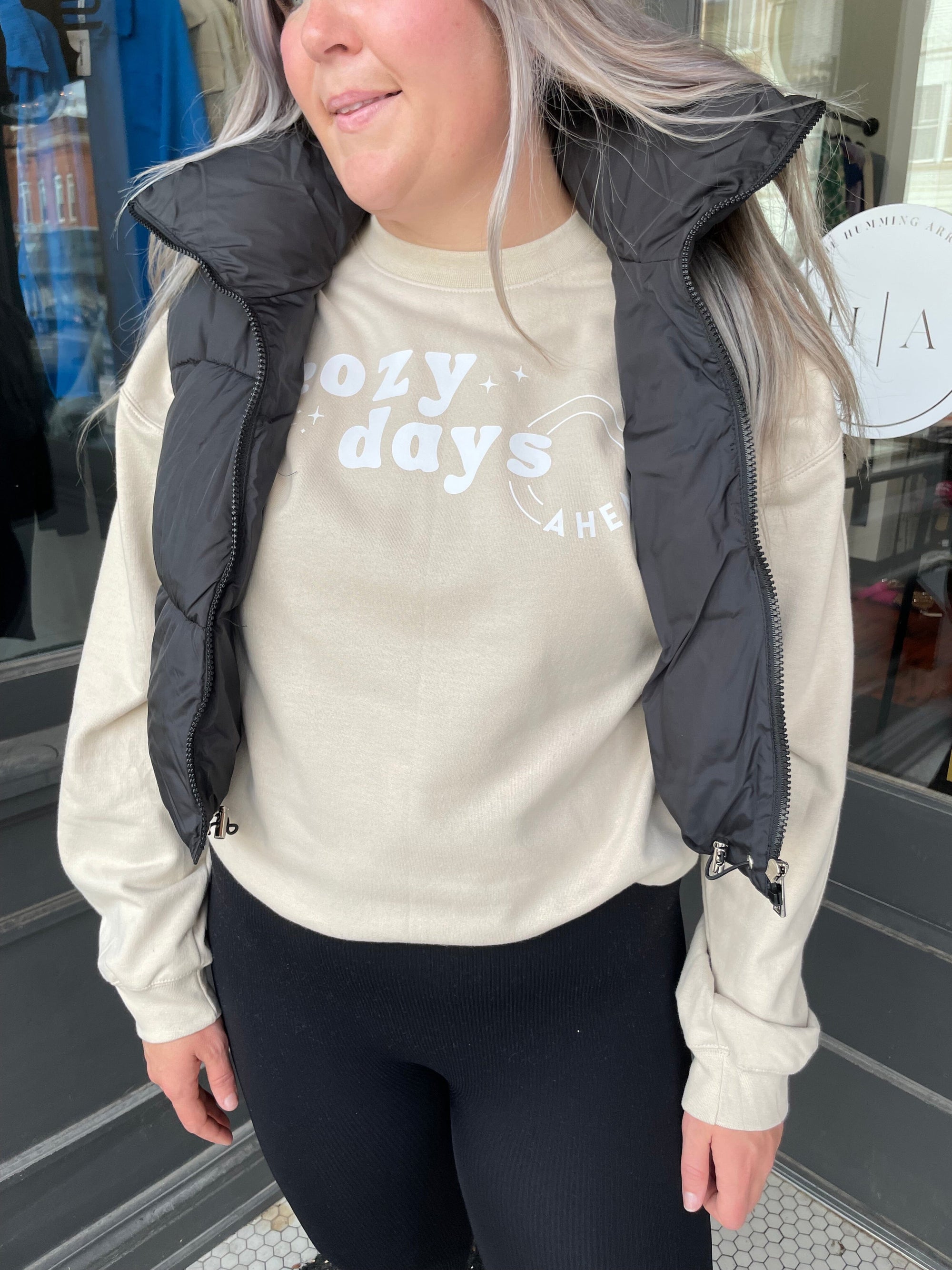 THA Exclusive Cozy Days Ahead Sand Crewneck Sweatshirt Long sleeve The Humming Arrow Boutique 