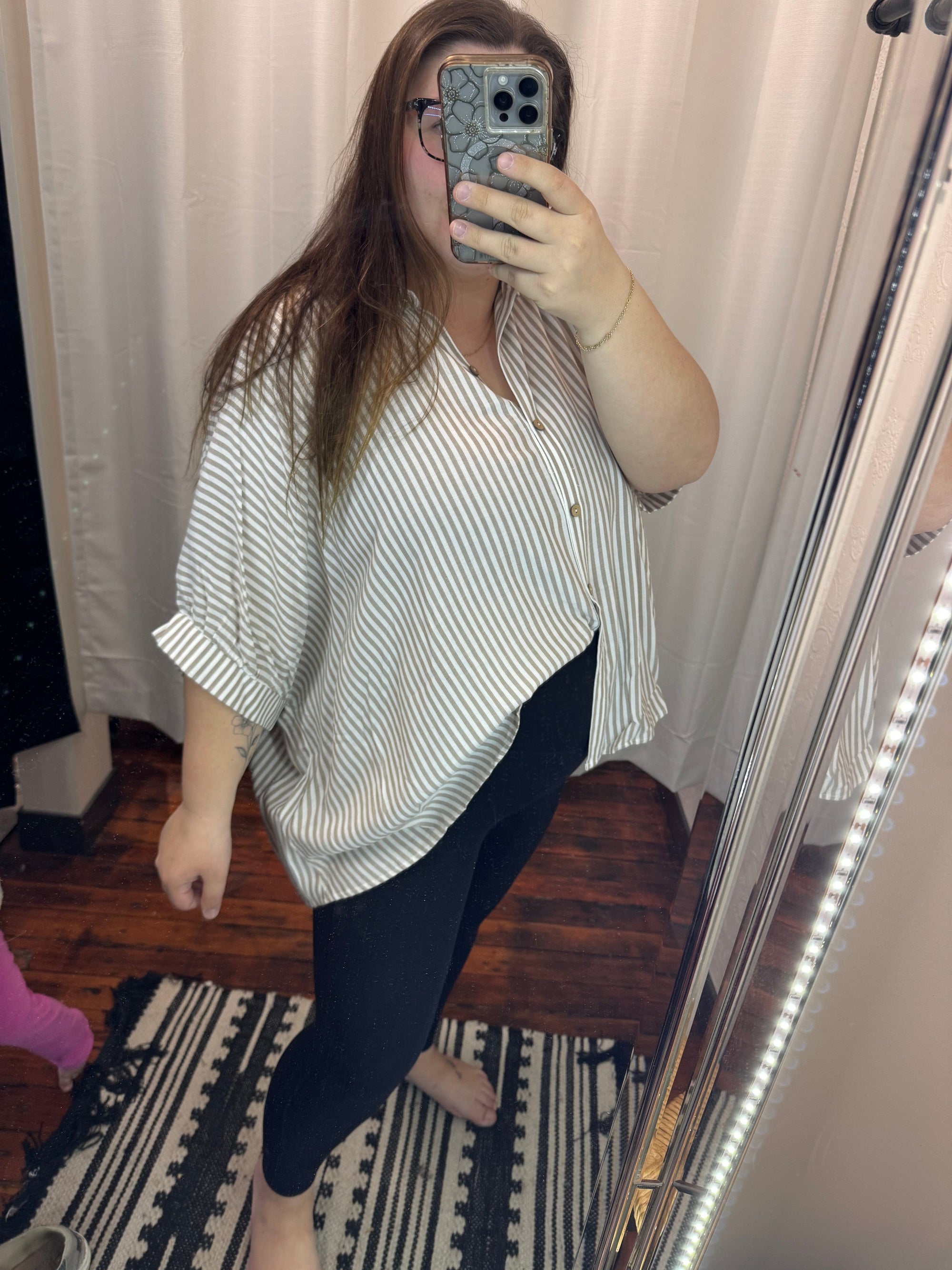 Taupe Oversized Stripe Short Sleeve Button up Top Short sleeve Zenana 