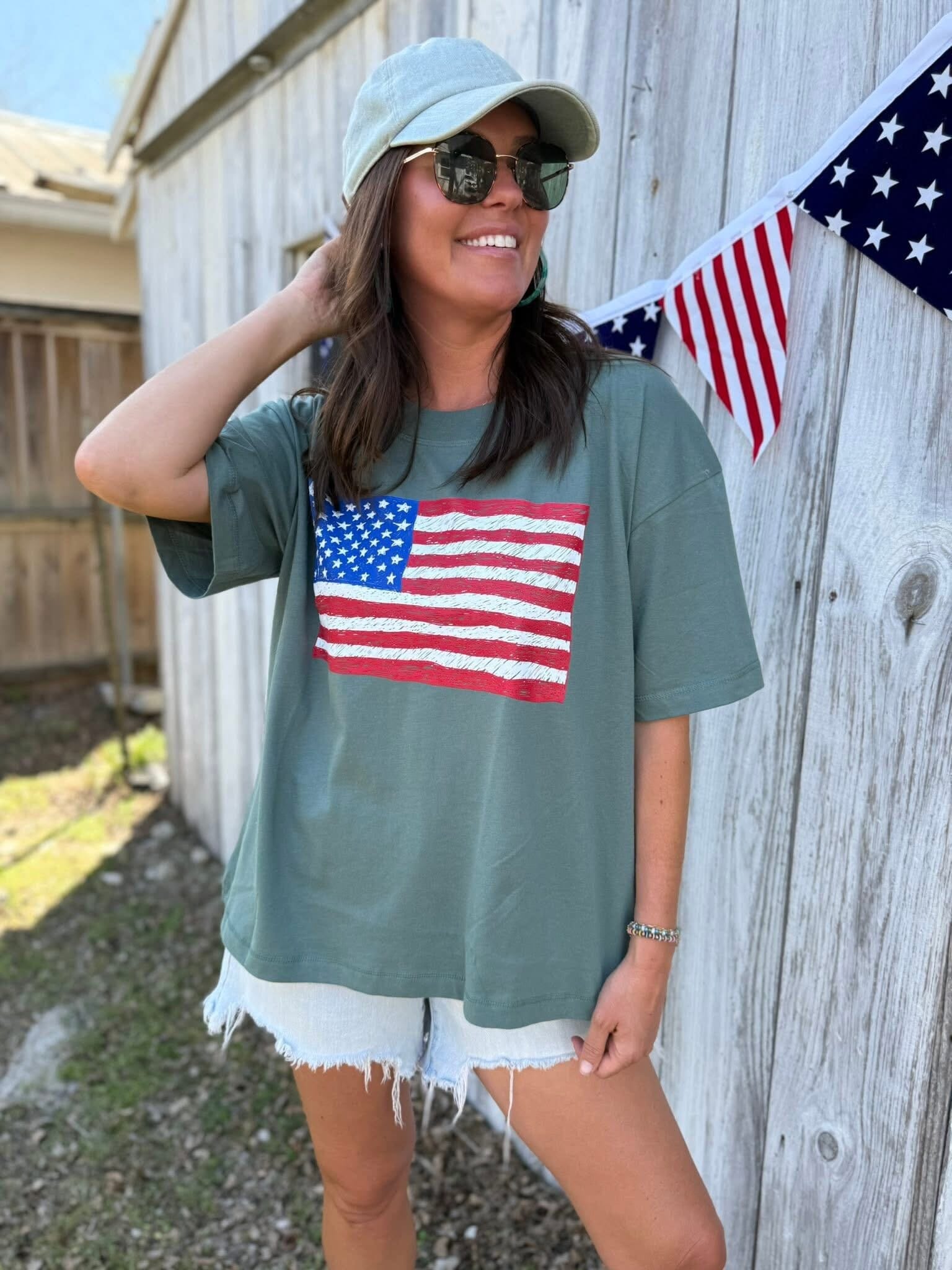 Emerald American Flag Boxy Boyfriend Vintage Tee Short sleeve Oliver and Otis 