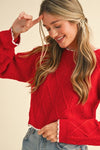 Red Cable Knit Crop Sweater with Crochet Hem Long sleeve &amp;merci 