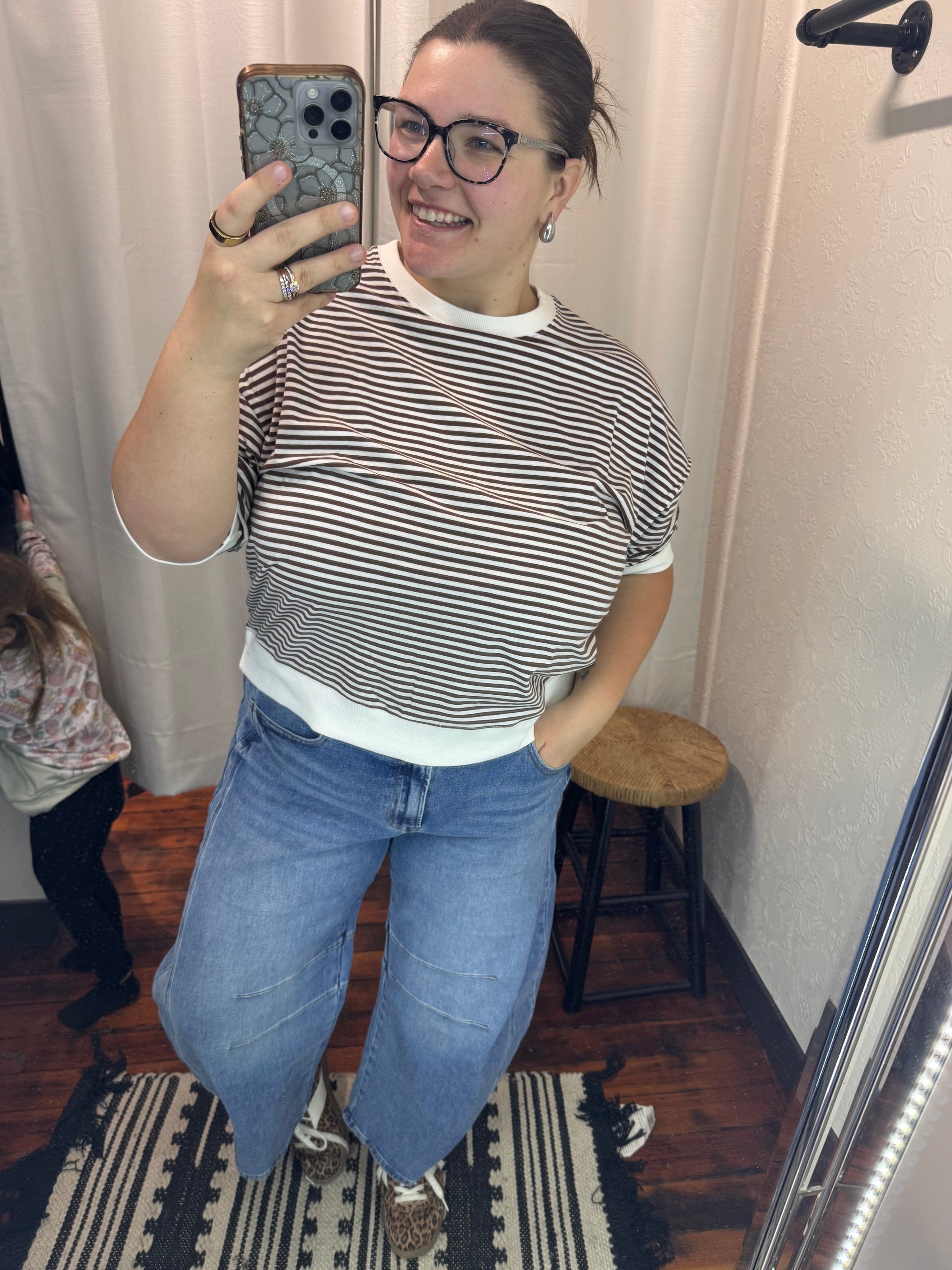 Brown Stripe Ribbed Hem Short Sleeve Top Short sleeve Zenana 