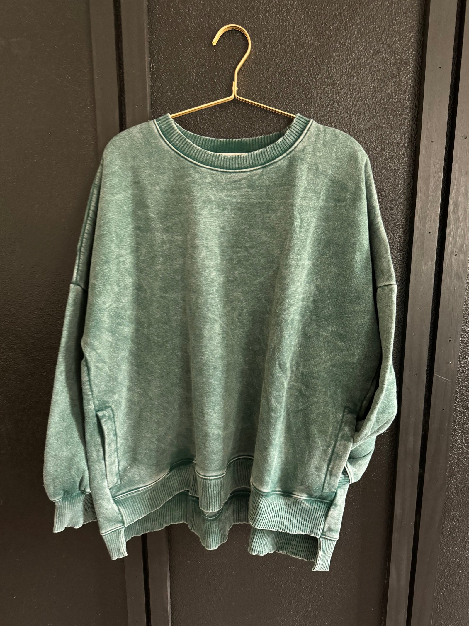 Dark Green Curvy Acid Wash Crewneck Sweatshirt Long sleeve Zenana 
