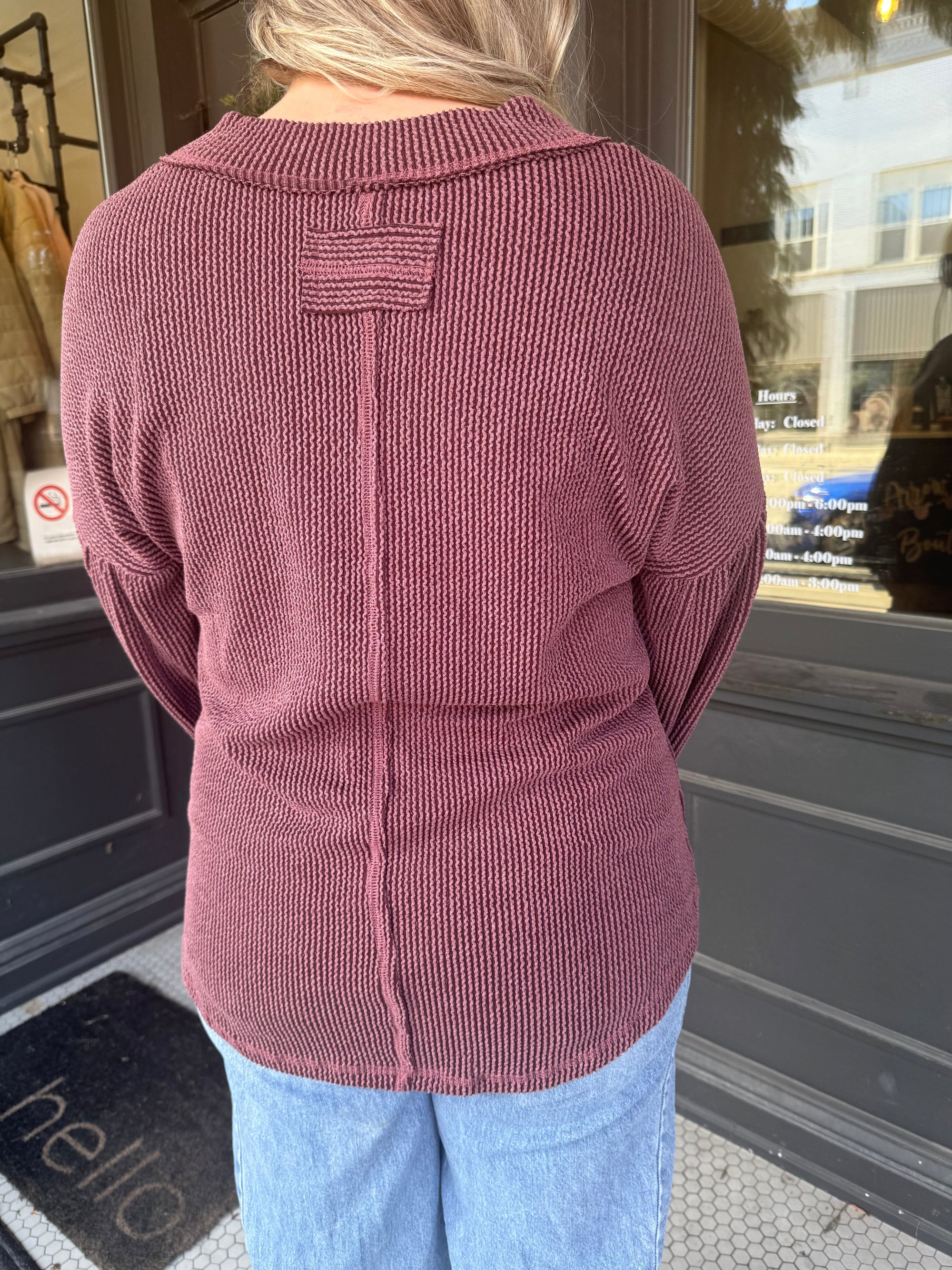 Wine Ribbed V Neck Oversized Knit Top Long sleeve Very J 