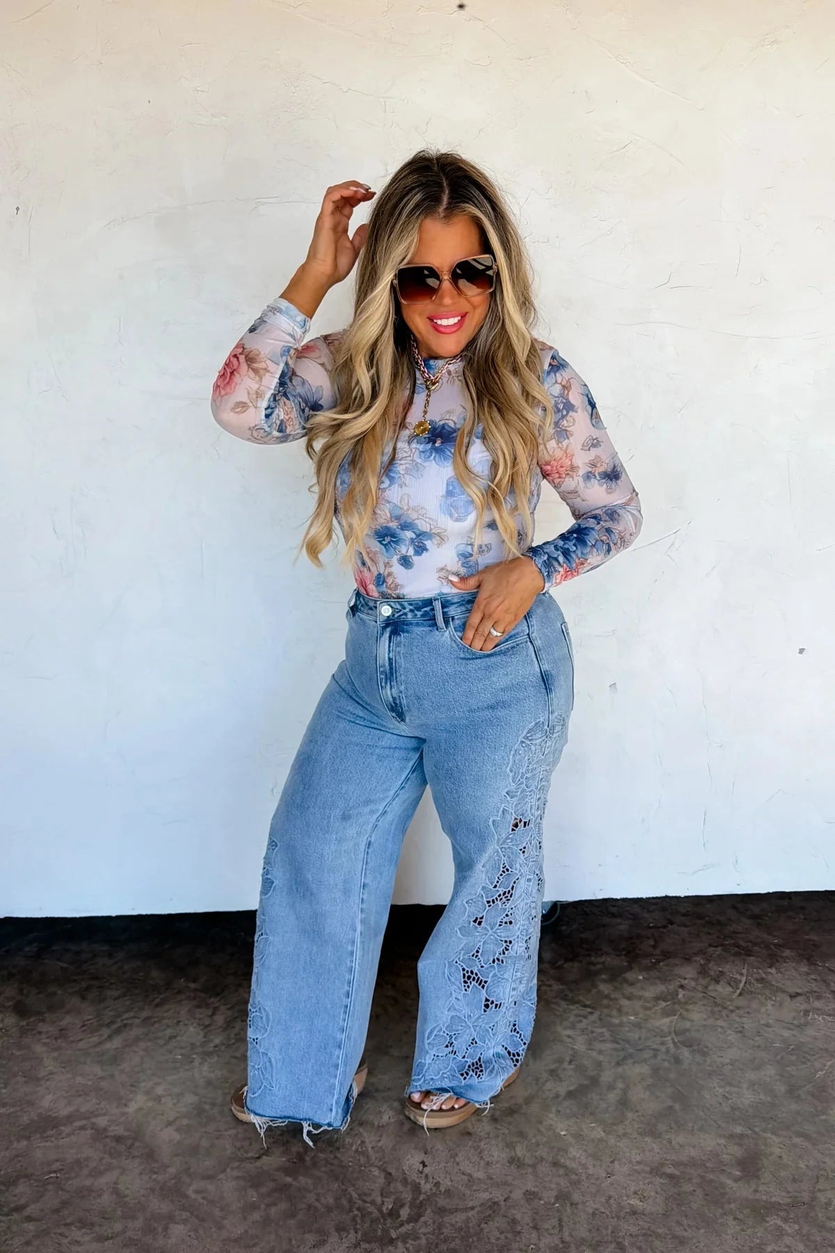 English Blue Floral Long Sleeve Mesh Top Long sleeve Blakely 