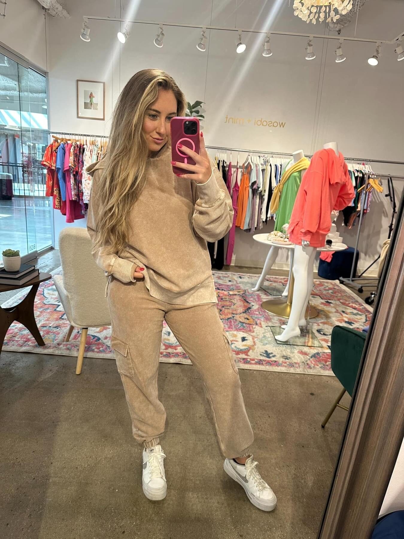 Light Mocha Corded Elastic Waist Joggers Long sleeve moon Ryder 