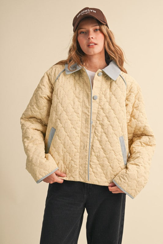 Butter Yellow and Light Blue Polka Dot Corduroy Trim Quilted Jacket