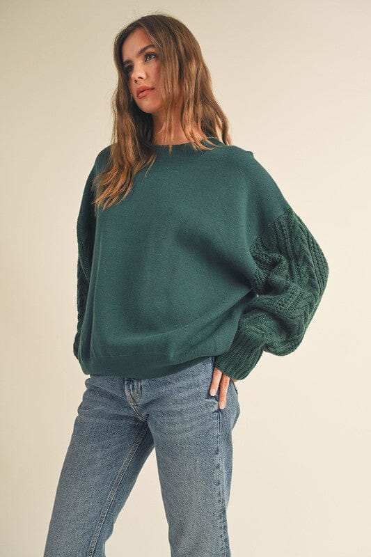 Hunter Green Sweater with Cable Knit Sleeves Long sleeve &merci 