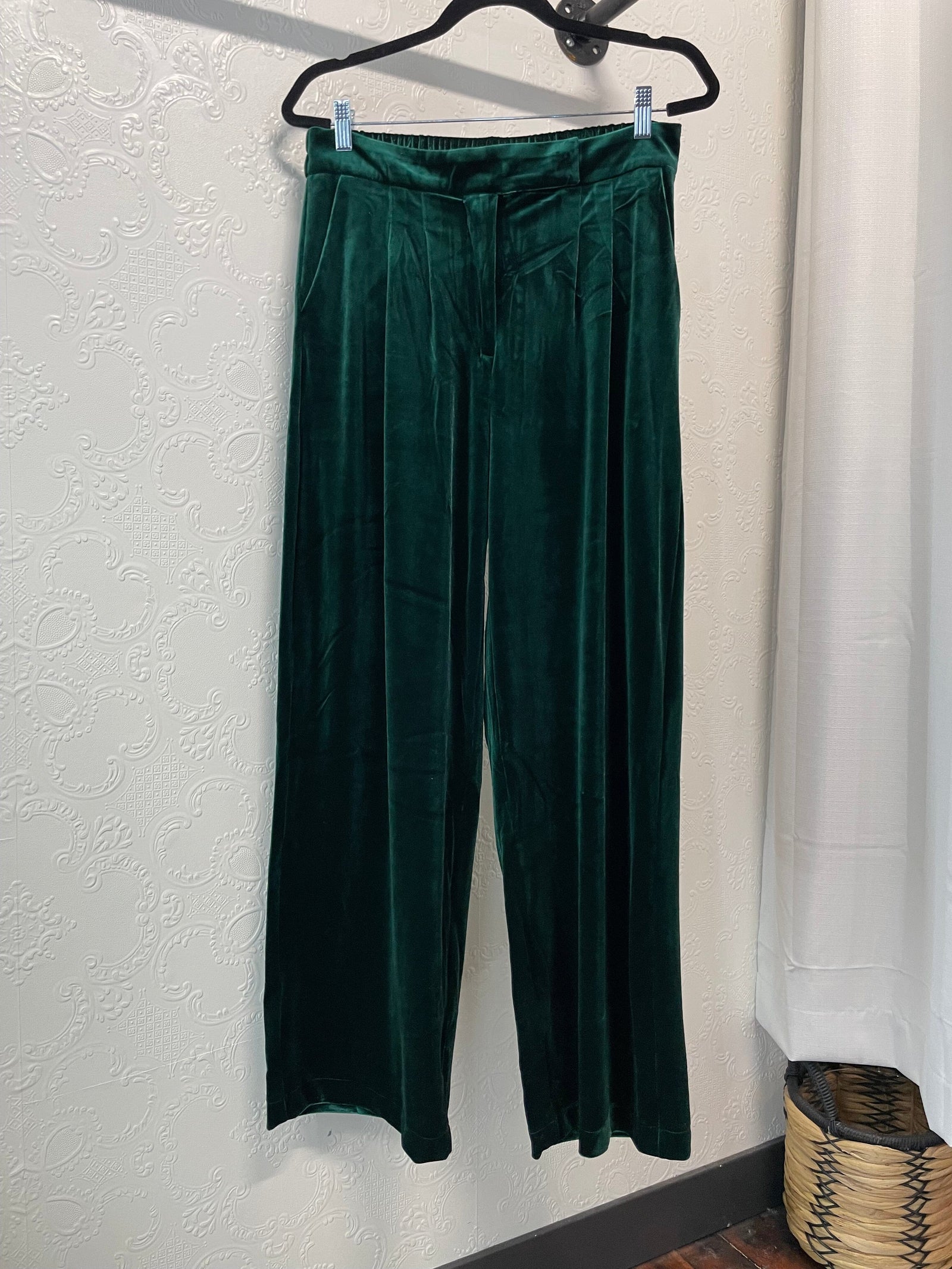 Forest Green High Waisted Velvet Straight Leg Pants Bottoms very j 