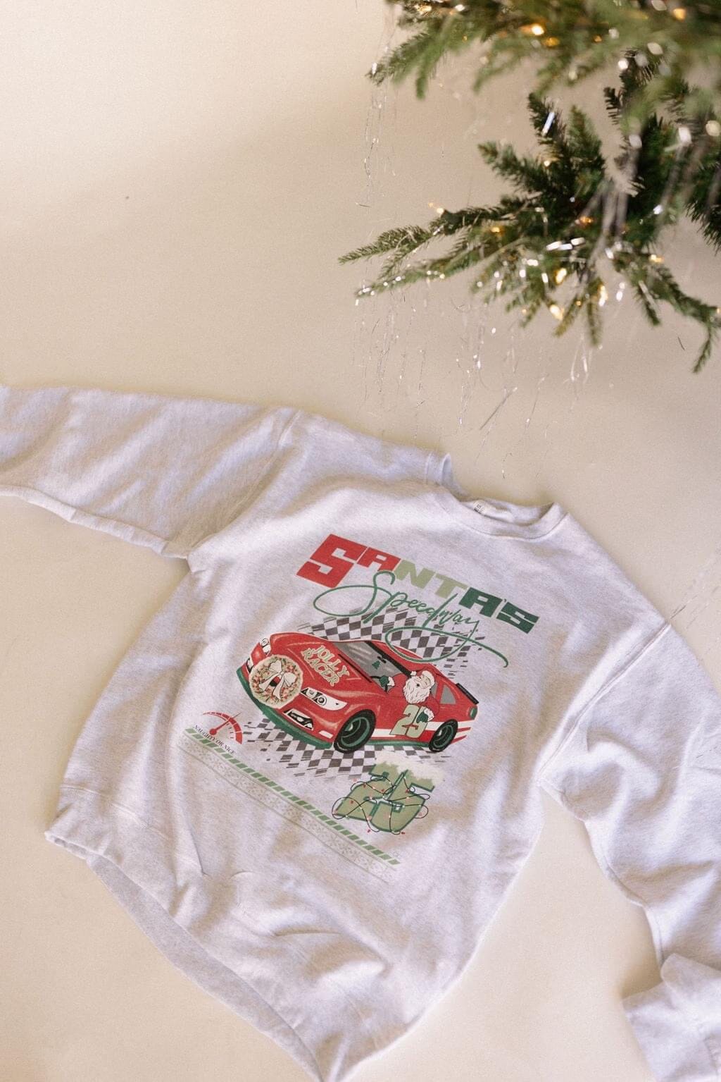 Santa’s Speedway Ash Grey Crewneck Unisex Sweatshirt Long sleeve Chaudoin Creations 