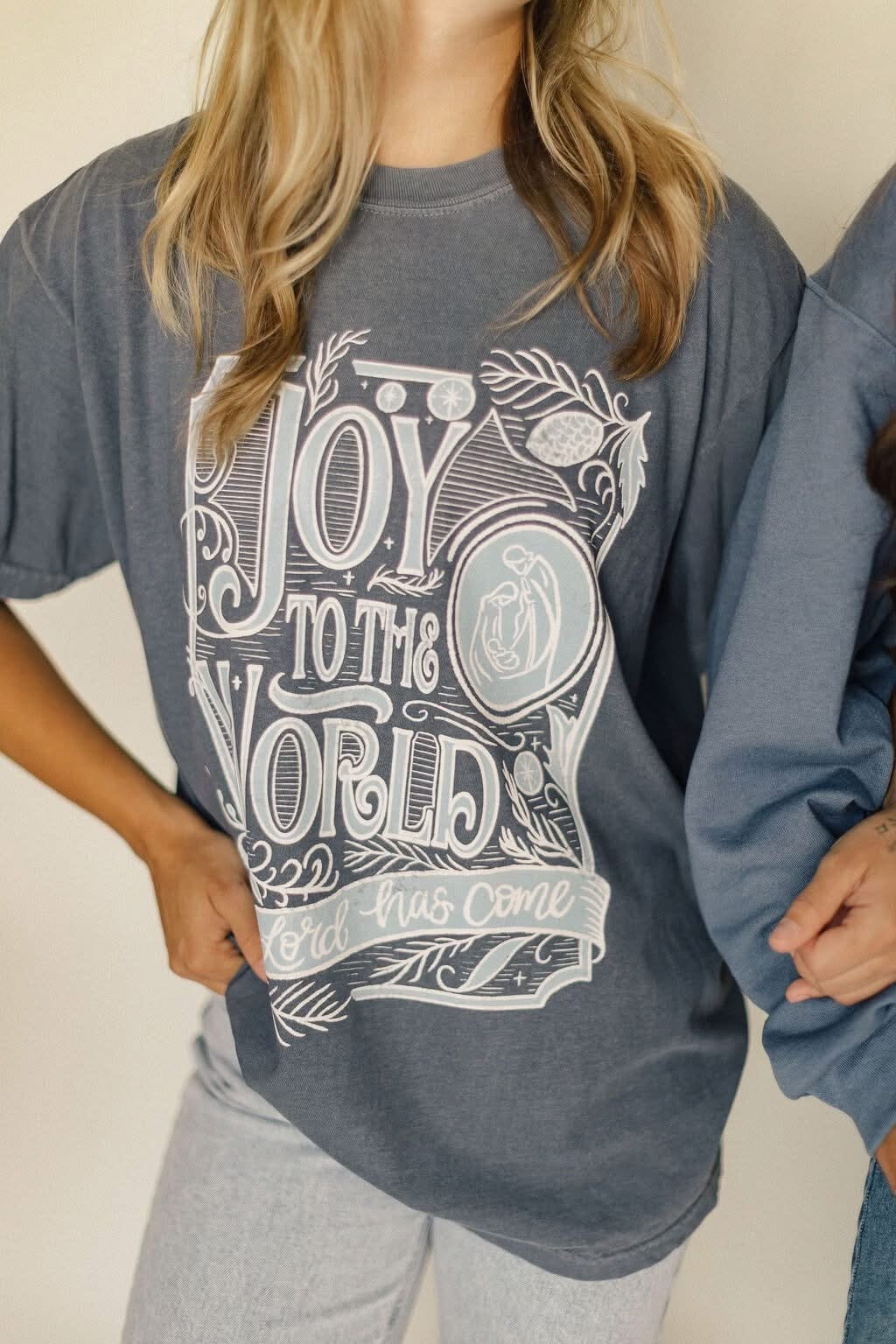 Joy to the World Denim Blue Graphic Tee Short sleeve Chaudoin Creations 