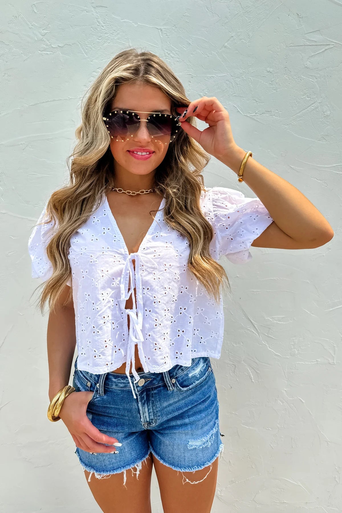 Liliana Off White Lace Up Top Short sleeve Blakely 