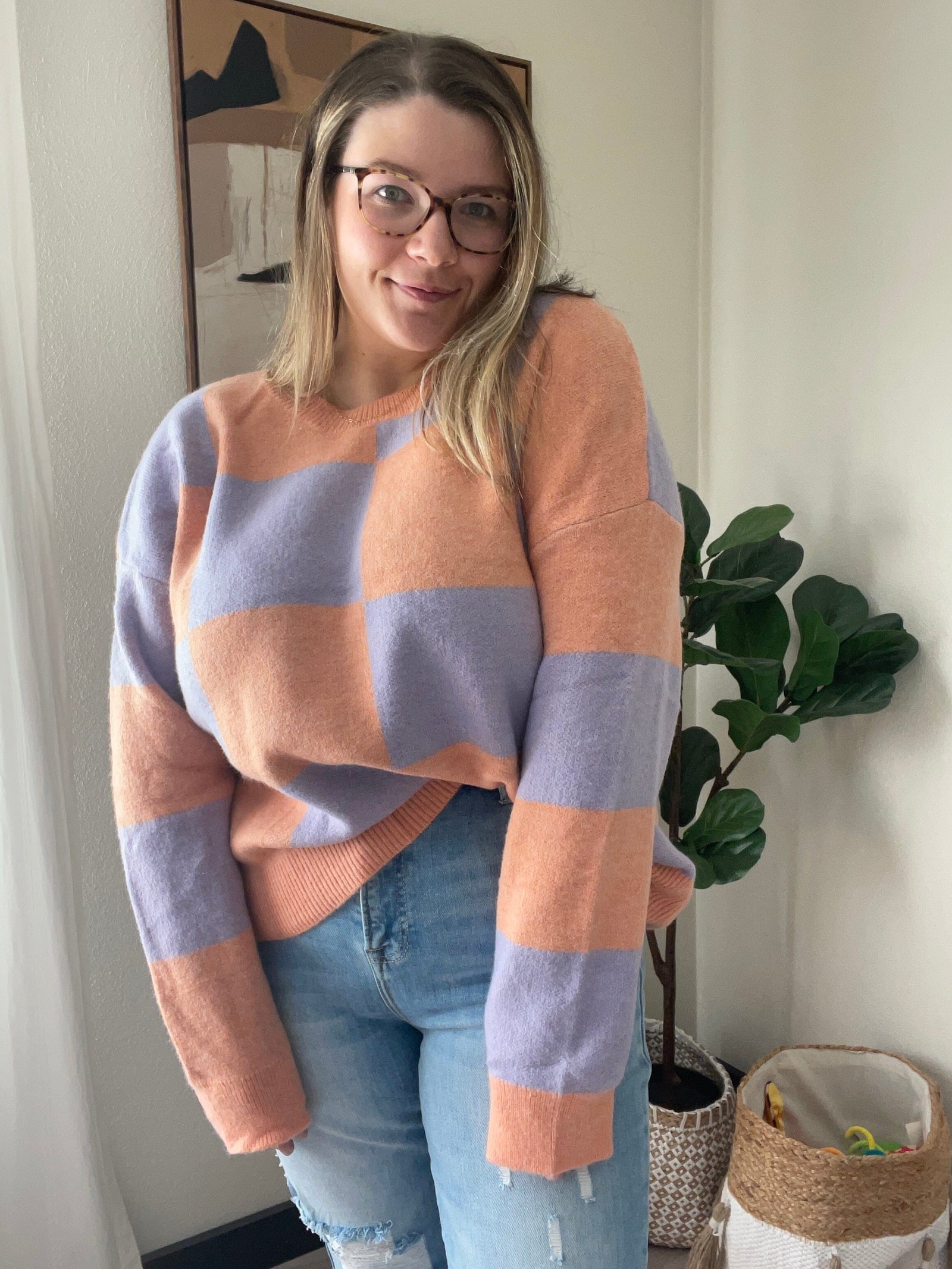 Melon Lavender Checkered Loose Fit Sweater Top Long sleeve Anniewear 