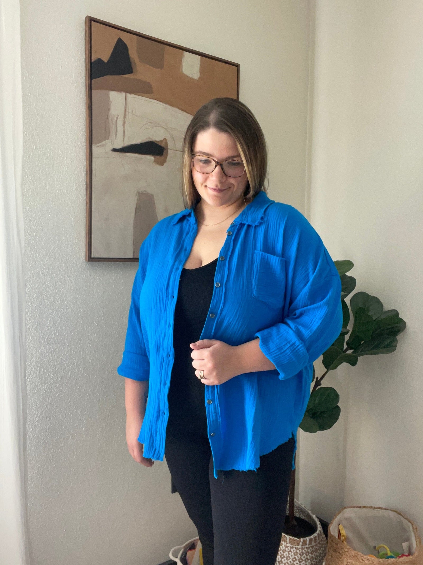Ocean Blue Gauze Oversized Button Down Shirt Cardigan Zenana 