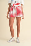 Red Stripe Linen Drawstring Elastic Pocket Shorts Bottoms Anniewear 