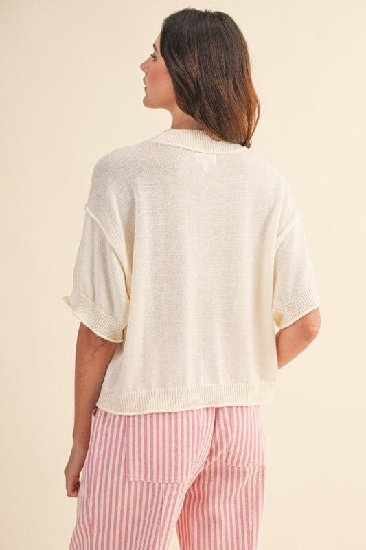 Ivory Mock Neck Lightweight Knit Short Sleeve Top &amp;merci 