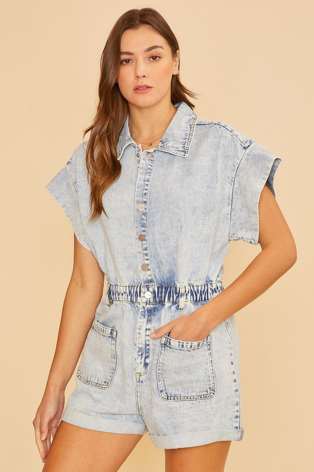 Lola Washed Denim Button Down Romper Jumpsuits & Rompers Anniewear 